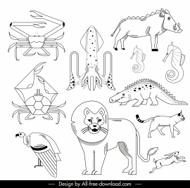 animals species icons black white handdrawn sketch