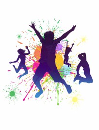 Boys jumping against a paint splatter background.