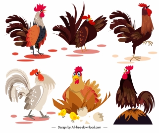 chicken icons colored cartoon sketch