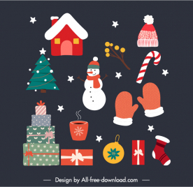 christmas design elements colorful flat classic symbols sketch