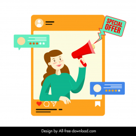 digital promotion design elements announcing woman phone screen speech bubbles cartoon sketch
