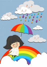 dreaming background flying girl stylized clouds colorful rainbow