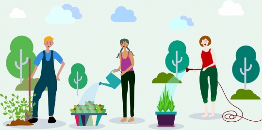 gardening work background human tree icons cartoon design