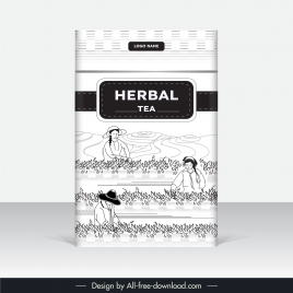 green tea packaging template black white handdrawn outline