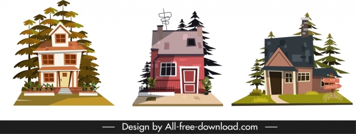 house icons colorful classical design