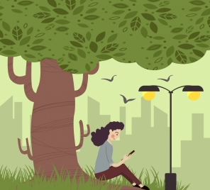 lifestyle drawing relaxed woman tree icons cartoon design