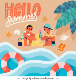 summer vacation banner sea playful kids ketch