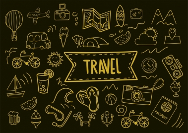travel icons collection hand drawn dark background style