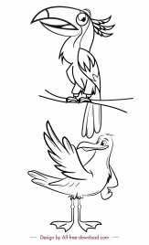 wild birds icons black white handdrawn sketch